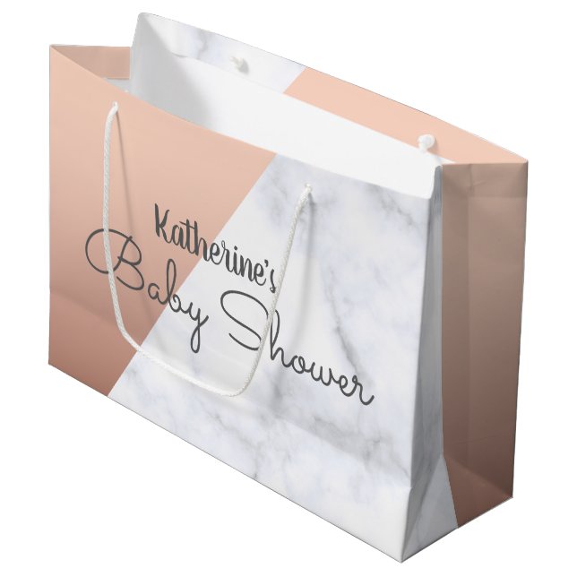 Elegantes Rosengold und weiße Marmorbabydusche Große Geschenktüte (Vorderseite Schrägansicht)