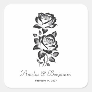 Elegantes Rosenmonogramm-Datum Liebliches Stilvoll Quadratischer Aufkleber