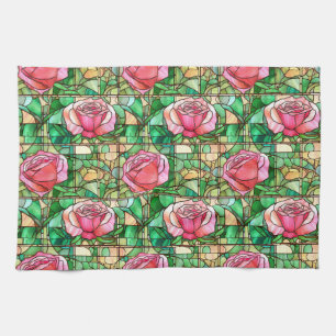 Elegantes Rosenmuster in falschem Buntglas in Rosa Geschirrtuch
