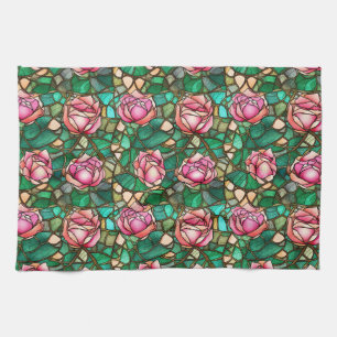 Elegantes Rosenmuster in falschem Buntglas in Rosa Geschirrtuch