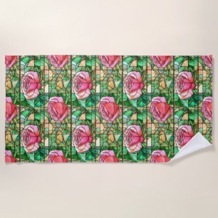 Elegantes Rosenmuster in falschem Buntglas in Rosa Strandtuch