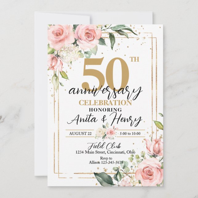 Elegantes Rosenrosen 50-jähriges Party Einladung (Vorderseite)