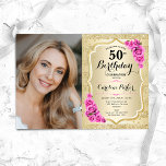 Elegantes Rosenrosen Foto 50. Geburtstag Einladung<br><div class="desc">Elegante florale feminine 50. Geburtstagseinladung mit Ihrem Foto. Glam-Design mit Imitaten Glitzer Gold. Enthält Streifen,  rosa Rosen,  Skript-Schriftart und Konfetti. Ideal für ein stilvolles Party für Erwachsene. Personalisieren Sie Ihre persönlichen Daten. Kann für jedes Alter angepasst werden! Gedruckte Zazzle Einladungen oder Sofortdownload digitalen druckbaren Vorlage.</div>