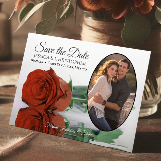 Elegantes Rost Orange Rose & Oval Foto Hochzeit Save The Date (Von Creator hochgeladen)