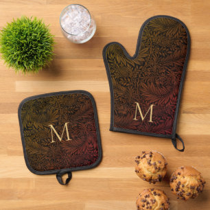 Elegantes Rostorange-Gold-Blumen-Script-Monogramm Ofenhandschuh & Topflappen-Set