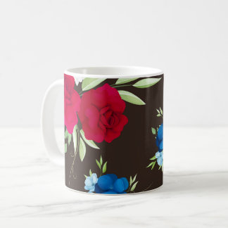Elegantes rot-blaues Blumenmuster auf dunklem Brau Kaffeetasse