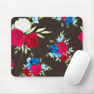 Elegantes rot-blaues Blumenmuster auf dunklem Brau Mousepad