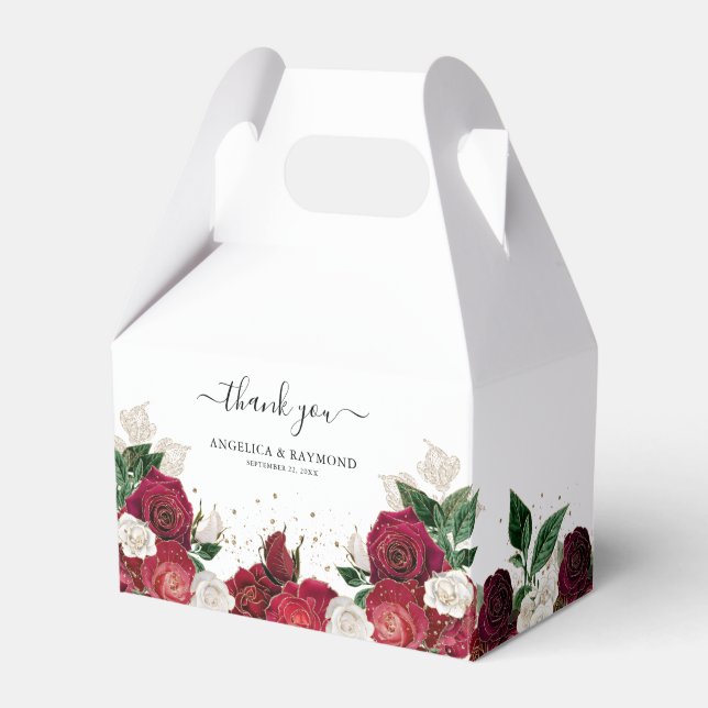 Elegantes Rot Burgund & White Rose Florals Wedding Geschenkschachtel (Vorderseite)