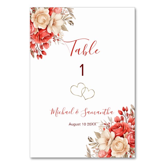 Elegantes Rot-Elfenbeinzeichen für Hochzeiten in d Tischnummer (Vorderseite)