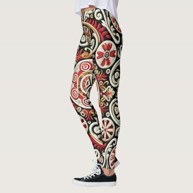 Elegantes Rot & Gold bestickt Frauen Leggings (Links)