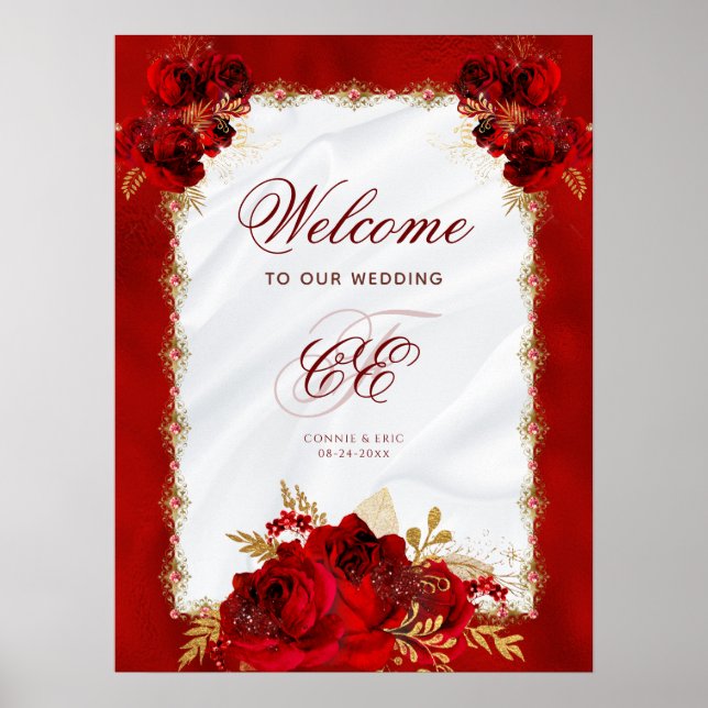 Elegantes Rot-Gold-Floral-Hochzeitsmonogramm Poster (Vorne)