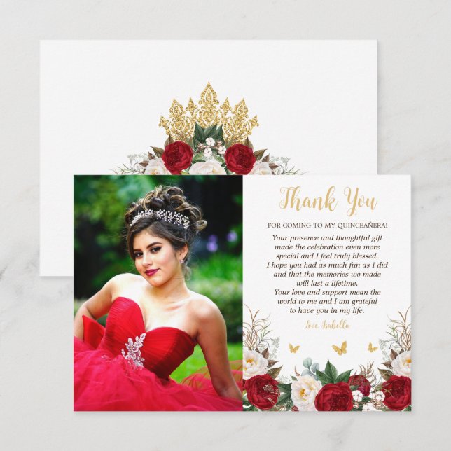 Elegantes Rot & Gold Foto Quinceañera Dankeskarte (Vorne/Hinten)