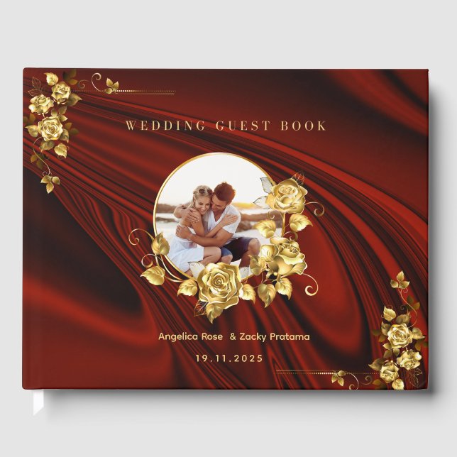 Elegantes Rot & Gold Hochzeit Personalisiert Gästebuch (Vorderseite)