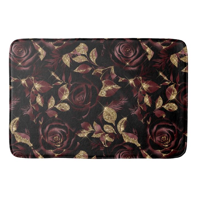 Elegantes Rot-Gold-Rose-Blumenmuster Badematte (Vorderseite)
