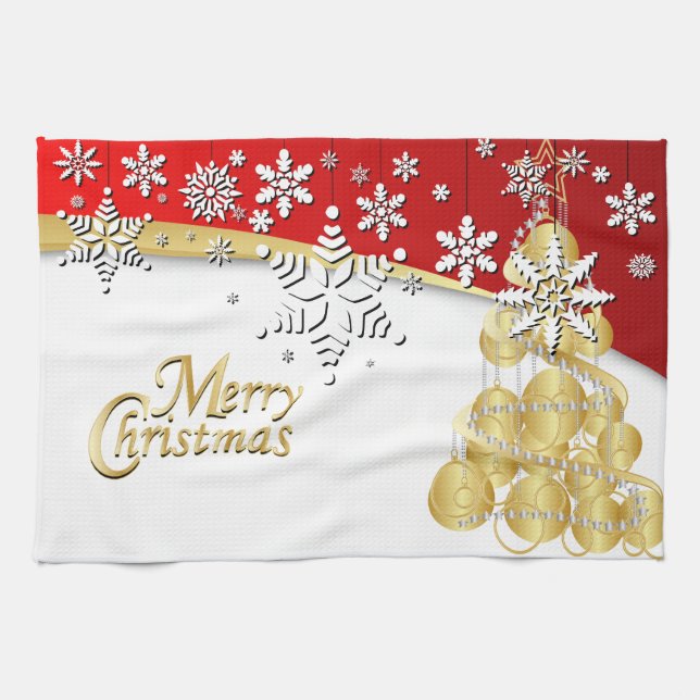 Elegantes Rot, Gold und Weiß Weihnachten Geschirrtuch (Horizontal)