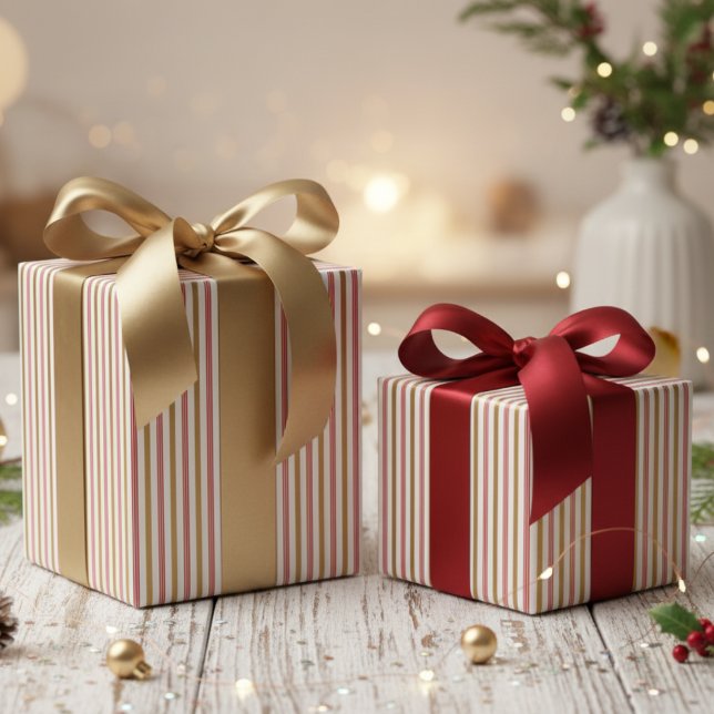 Elegantes Rot-Gold-Zuckerstreifen-Streifenmuster Geschenkpapier (Elegant Red and Gold Candy Cane Pinstripe Pattern for Chic Christmas Party. Thin Festive Stripes)