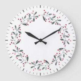 Elegantes Rot & Grün Holly Wreath Weihnachten Große Wanduhr