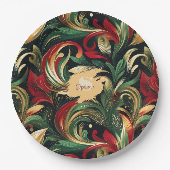 Elegantes Rot-, Grün- und Gold-Abstrakt Paisley-Bl Pappteller (Vorderseite)