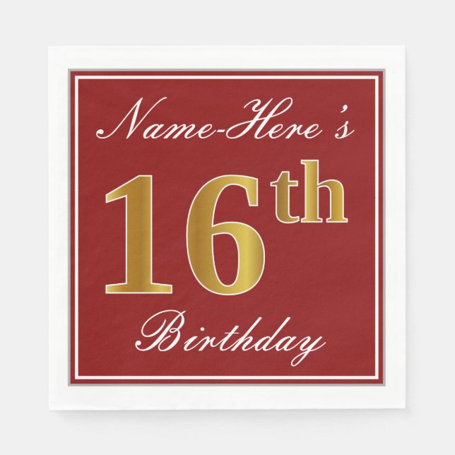 Elegantes Rot, Imitate Gold 16. Geburtstag + Indiv Serviette (Vorderseite)