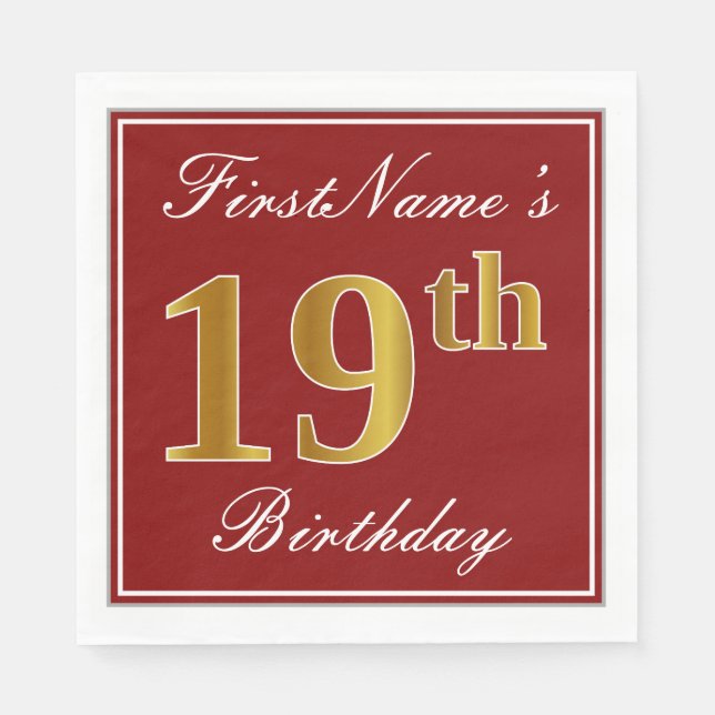 Elegantes Rot, Imitate Gold 19. Geburtstag + Indiv Serviette (Vorderseite)