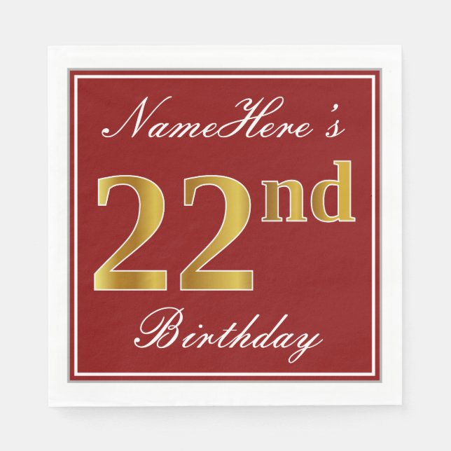 Elegantes Rot, Imitate Gold 22. Geburtstag + Indiv Serviette (Vorderseite)