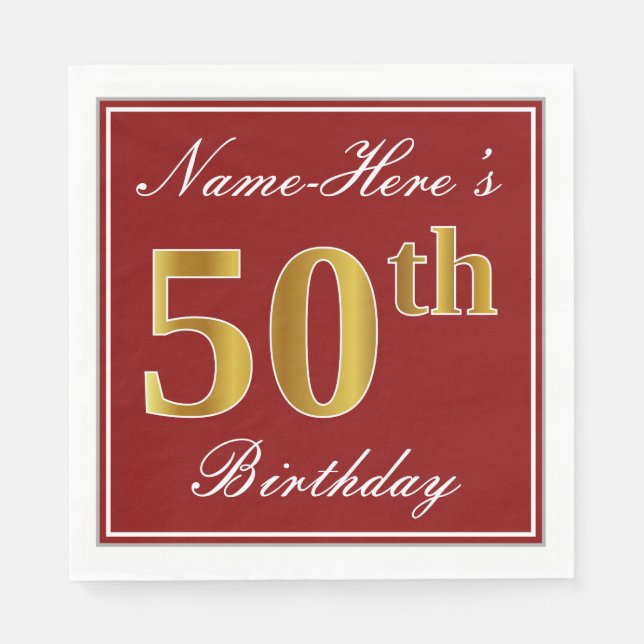 Elegantes Rot, Imitate Gold 50. Geburtstag + Indiv Serviette (Vorderseite)