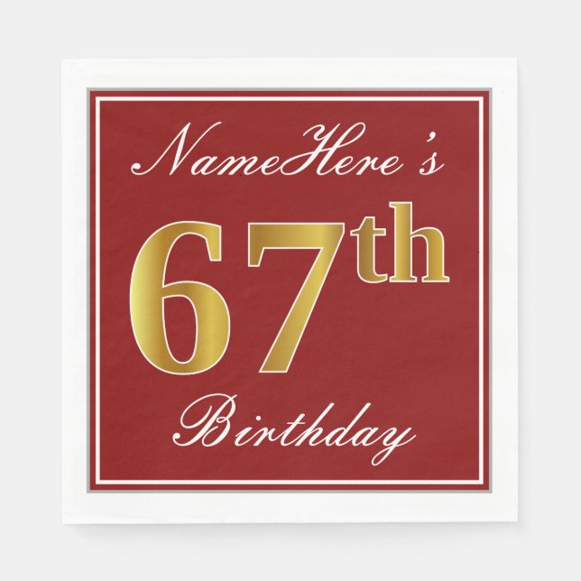 Elegantes Rot, Imitate Gold 67. Geburtstag + Indiv Serviette (Vorderseite)