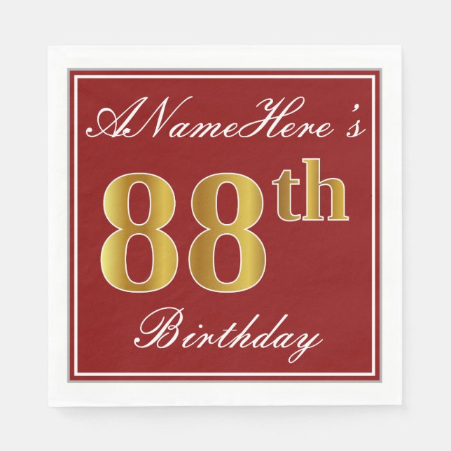 Elegantes Rot, Imitate Gold 88. Geburtstag + Indiv Serviette (Vorderseite)