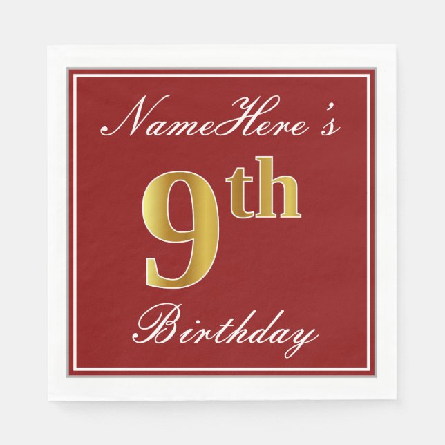 Elegantes Rot, Imitate Gold 9. Geburtstag + Indivi Serviette (Vorderseite)