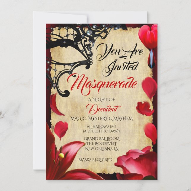 Elegantes Rot-Masquerade-Ball-Halloween-Party Einladung (Vorderseite)
