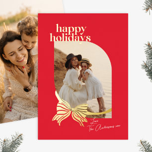 Elegantes Rot mit Gold Bow-Foto Folien Feiertagskarte