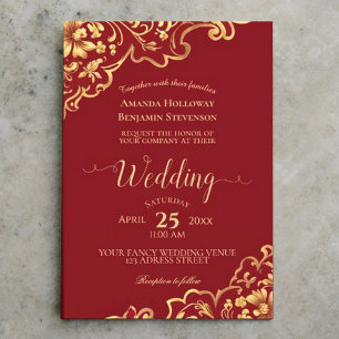 Elegantes Rot mit Gold Frills Calligraphy Wedding Einladung