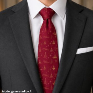 Elegantes Rot mit goldenen Weihnachtsbaum-Doodles  Krawatte