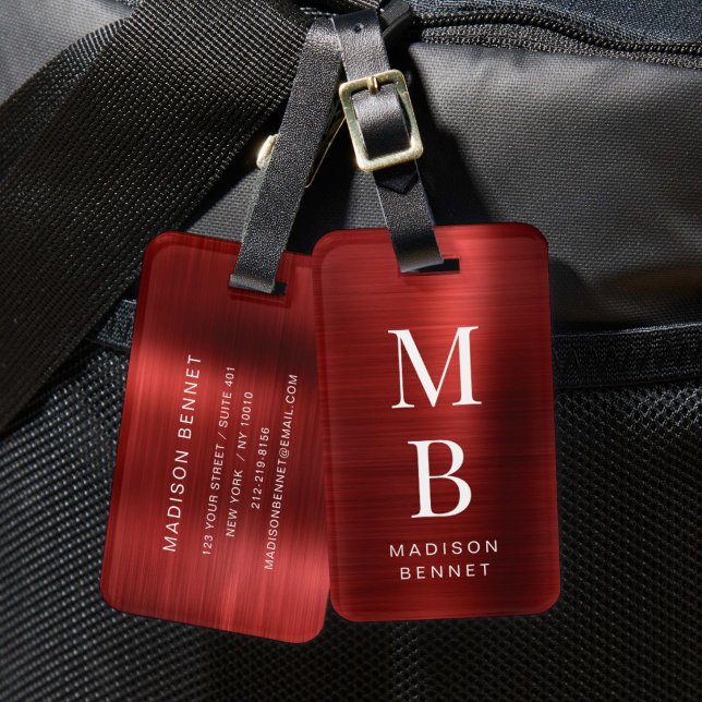 Elegantes Rot mit Monogramm Gepäckanhänger (Elegant Monogrammed Red Luggage Tag)
