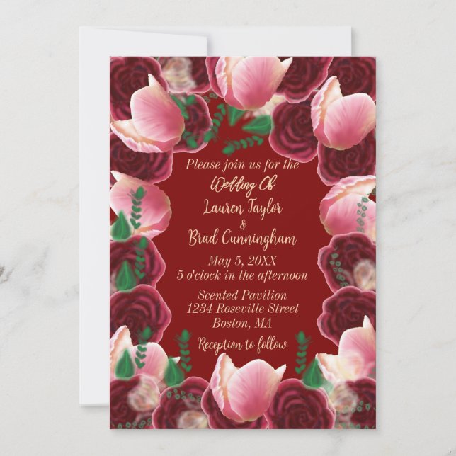 Elegantes Rot & Rosa Rose Burgundy Wedding Einladung (Vorderseite)
