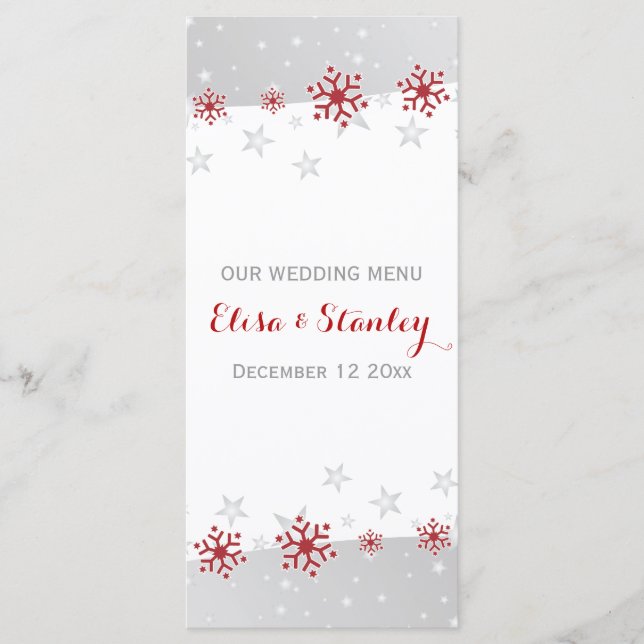 Elegantes Rot, Schneeflocken Hochzeitskarte Menükarte (Vorderseite)