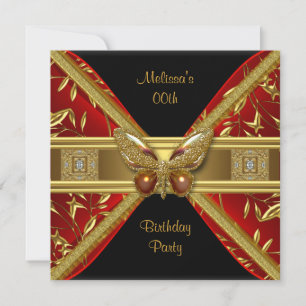 Elegantes Rot-Schwarz-Gold-Schmetterlingsbild-Part Einladung