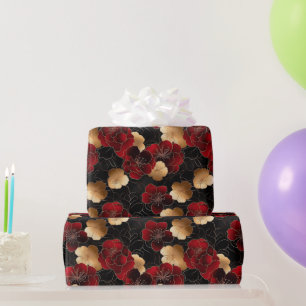 Elegantes Rot-, Schwarz- und Gold-Blumenmarmor-Mus Geschenkpapier
