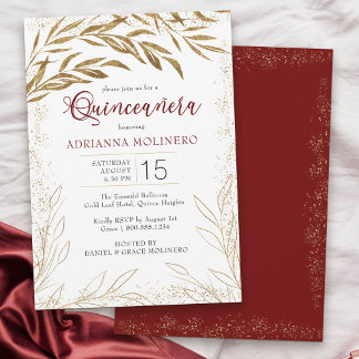 Elegantes Rot- und Gold-Blätter der Quinceanera Einladung
