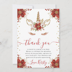 Elegantes Rot- und Gold-Blumen-Einhorn-Baby-Shower Dankeskarte