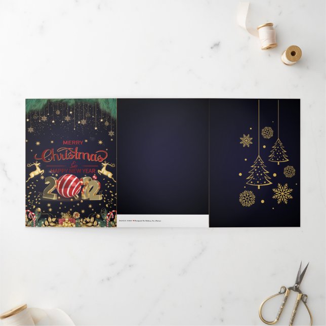 Elegantes Rot und Gold frohe Weihnachten Dreifach Gefaltete Urlaubskarte (Außenbereich)