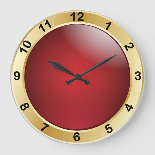 Elegantes Rot und Gold mit schwarzen Zahlen Große Wanduhr (Vorderseite)