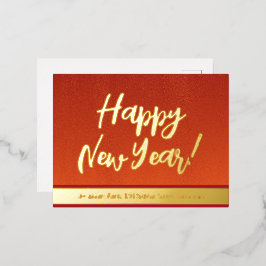 Elegantes Rot und Gold Script glücklich Neues Jahr Folien Feiertagspostkarte