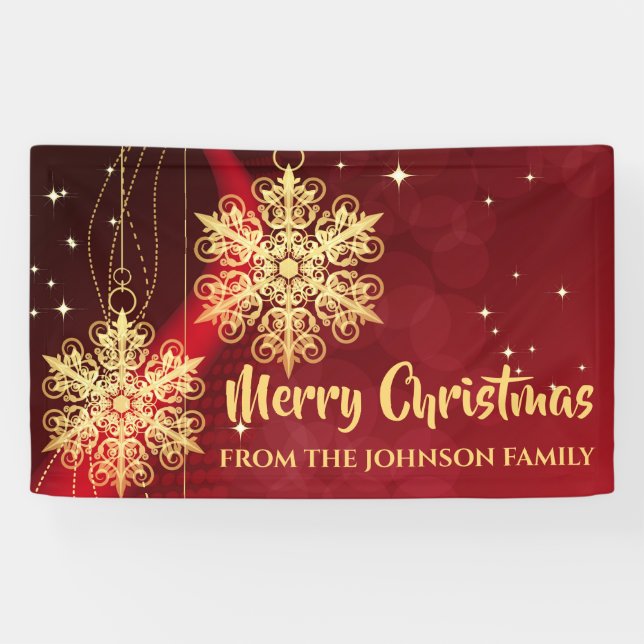 Elegantes Rot und Gold Snowflake Weihnachten Banner (Horizontal)