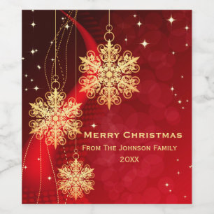 Elegantes Rot und Gold Snowflake Weihnachten Weinetikett