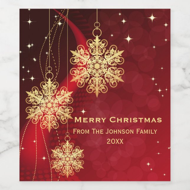 Elegantes Rot und Gold Snowflake Weihnachten Weinetikett (Einzelnes Label)