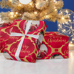 Elegantes Rot- und Gold-Weihnachtsmuster Baby-Foto Geschenkpapier