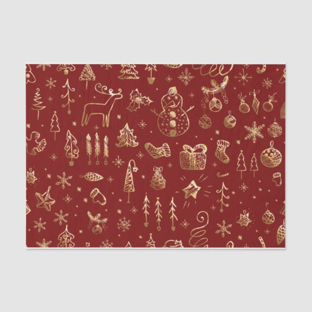 Elegantes Rot und Gold Weihnachtsmuster Wrapping Seidenpapier (Vorderseite)
