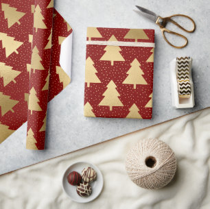 Elegantes Rot- und Goldfolien-Weihnachtsbaum-Muste Geschenkpapier