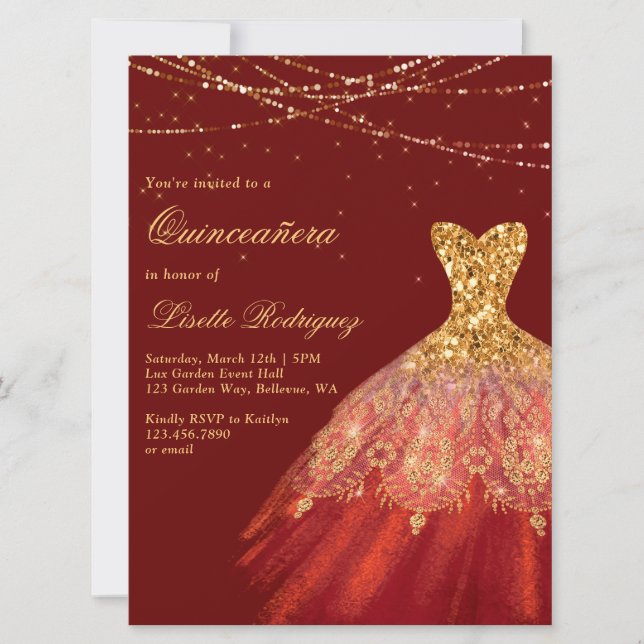 Elegantes Rot- und Goldkleid Quinceanera Einladung (Vorderseite)